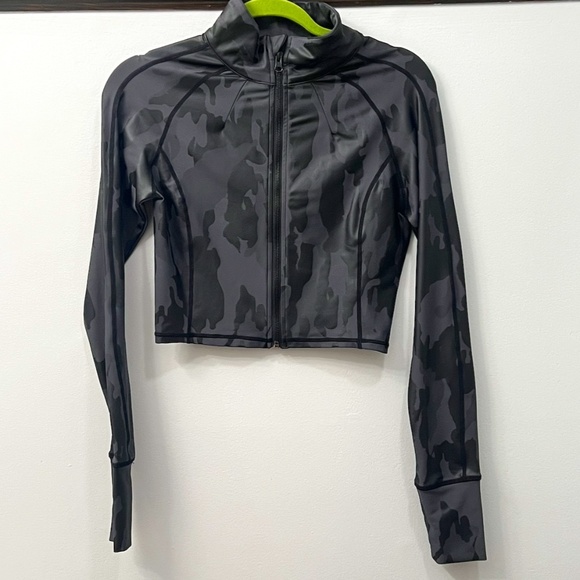 MONO B CROPPED ZIP-UP ATHLETIC JACKET, SIZE SMALL, BLACK/GREY - Picture 1 of 8